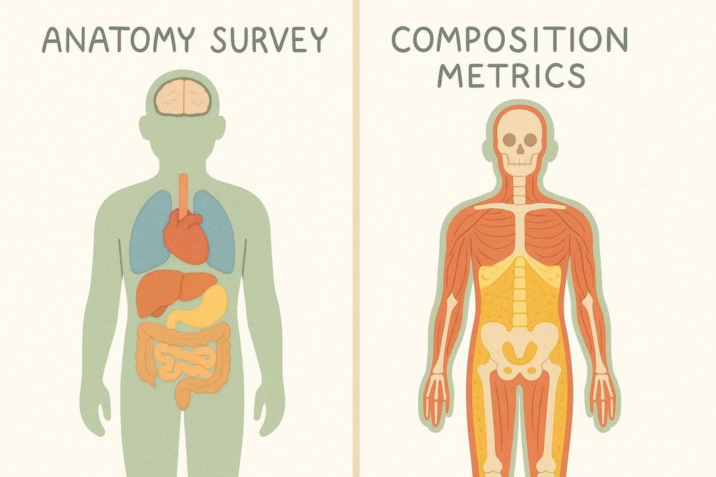 An illustration comparing an anatomy survey (like Prenuvo) showing internal organs such as the brain, lungs, heart, liver, stomach, and intestines, with composition metrics (like a DEXA scan) showing the skeleton, muscles, and fat.