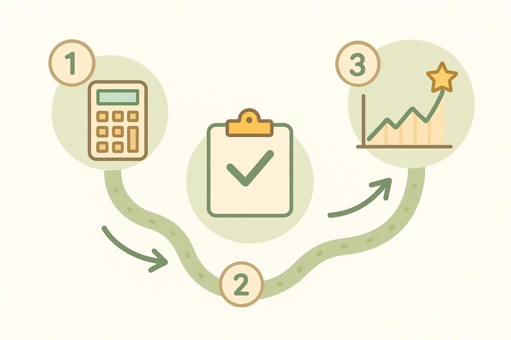 A three-step roadmap with icons. Step 1: calculator for calculation. Step 2: clipboard with a checkmark for assessment. Step 3: a graph with an upward trend and a star, symbolizing progress celebration.