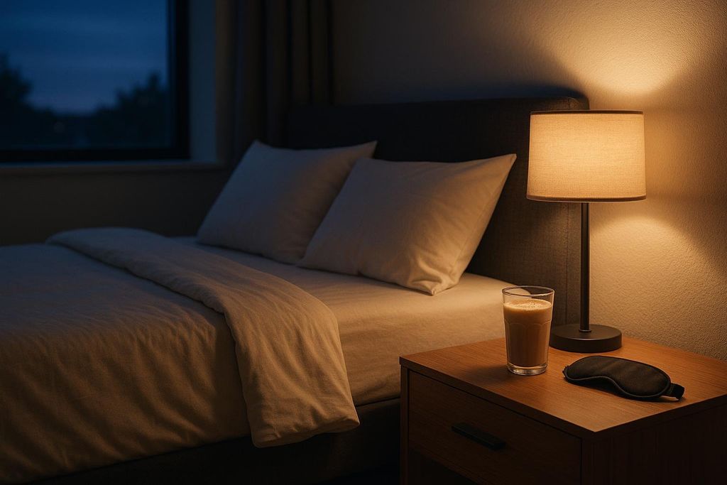 A protein shake and a black sleep mask are placed on a wooden nightstand next to a bed. A lamp with a warm glow illuminates the nightstand and the side of the bed. The bedroom window shows the blue twilight sky.