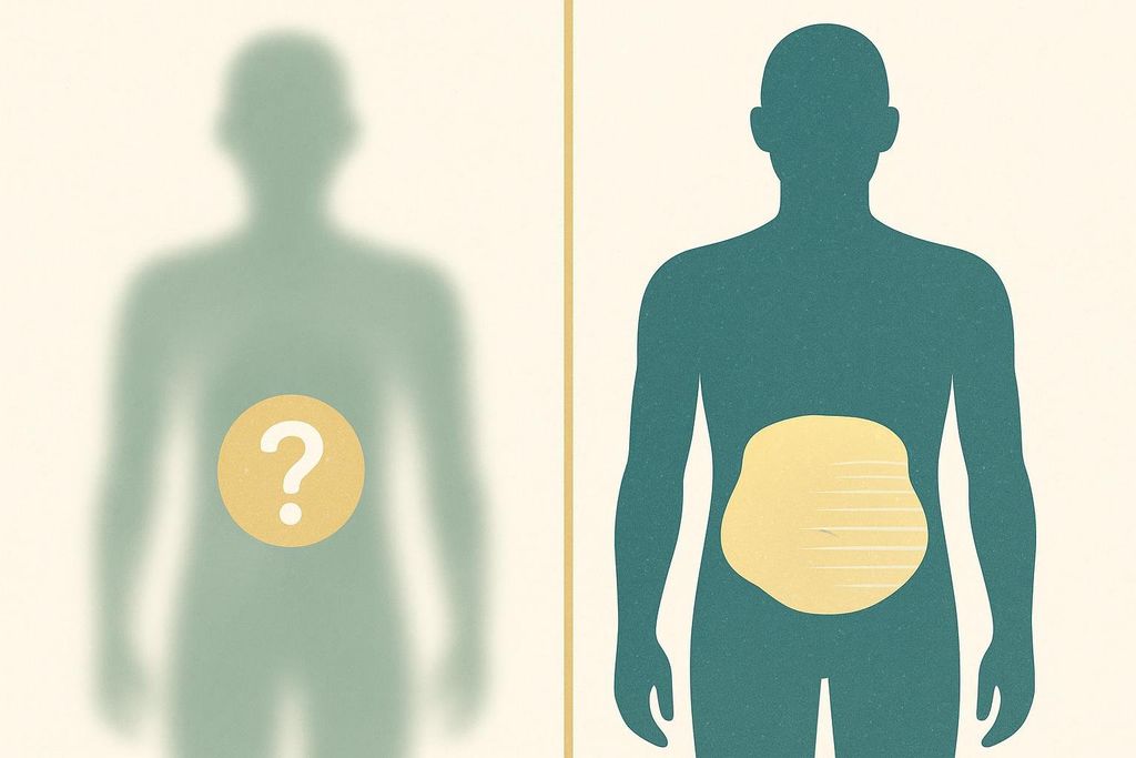 Illustration comparing guesswork (blurry silhouette with question mark) about body fat with clear insight from technology (clear silhouette with highlighted VAT).