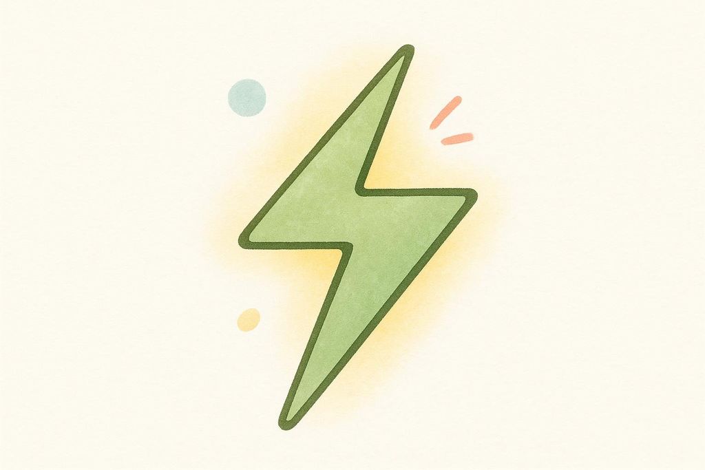 A stylized green lightning bolt icon with a hand-drawn look, surrounded by a faint yellow glow and small dots. Two small orange dashes radiate from one side of the lightning bolt, emphasizing its energy.