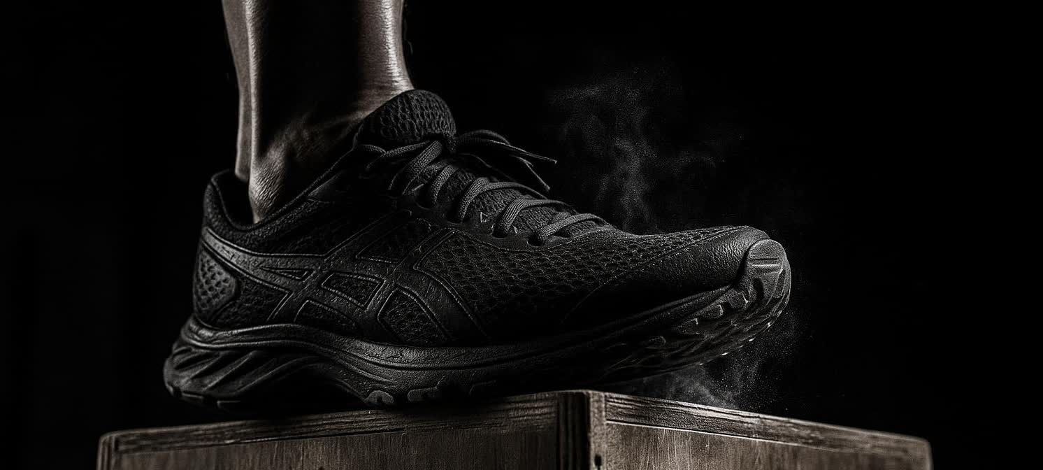 Close-up of a black training shoe, possibly an ASICS, with a person's leg, landing on a wooden plyo box. Dust or powder rises from the impact, set against a dark, dramatic background. The image evokes power and the effort of a workout like the CHAD1000X challenge.