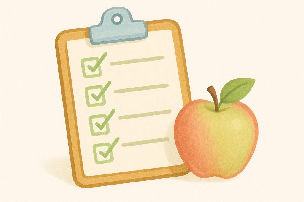 Illustration of a light-colored clipboard with a checklist. Each item on the list has a green checkmark next to it. A green and red apple sits to the right of the clipboard, symbolizing a health assessment or healthy choices.