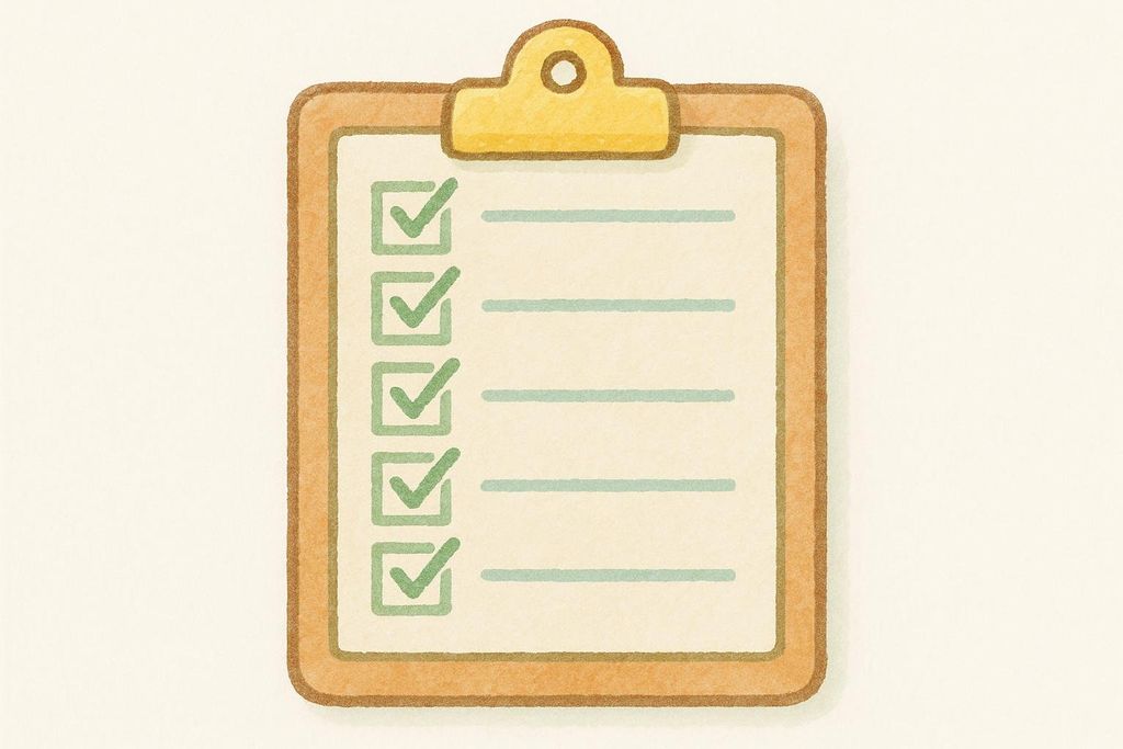 An illustration of a wooden clipboard with a piece of paper attached. The paper contains five lines, each with a green checkmark box to its left, indicating a completed task or item on a checklist.