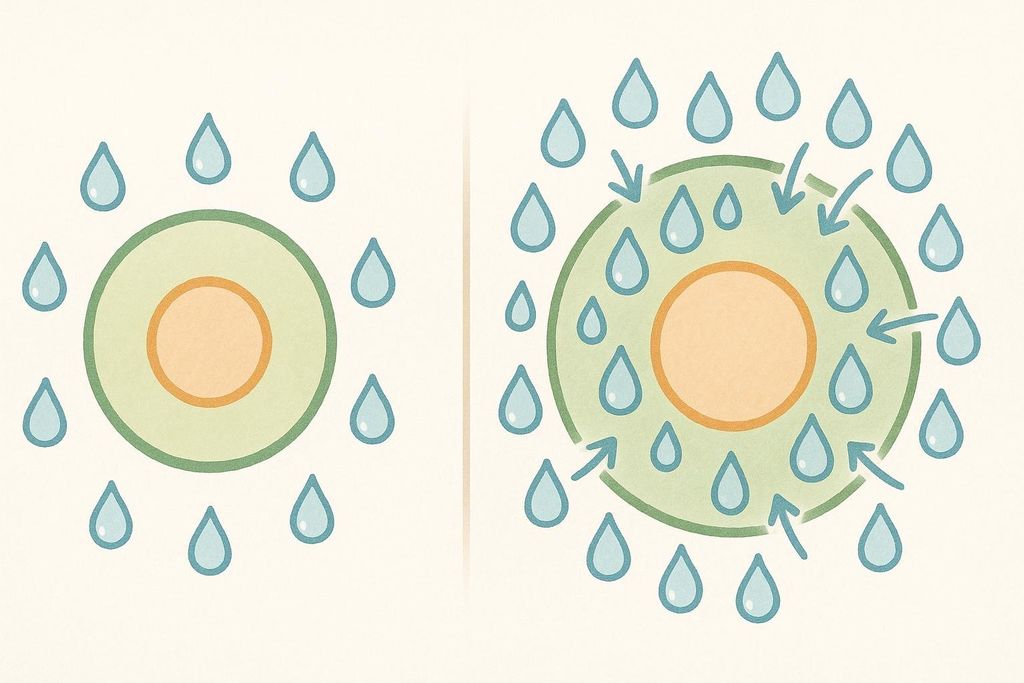 An illustration comparing a normal cell with an overhydrated cell that is swollen with excess water. The illustration on the left shows a cell with a few water droplets outside it, while the illustration on the right shows a larger, swollen cell, with many water droplets surrounding it and arrows indicating water entering the cell.