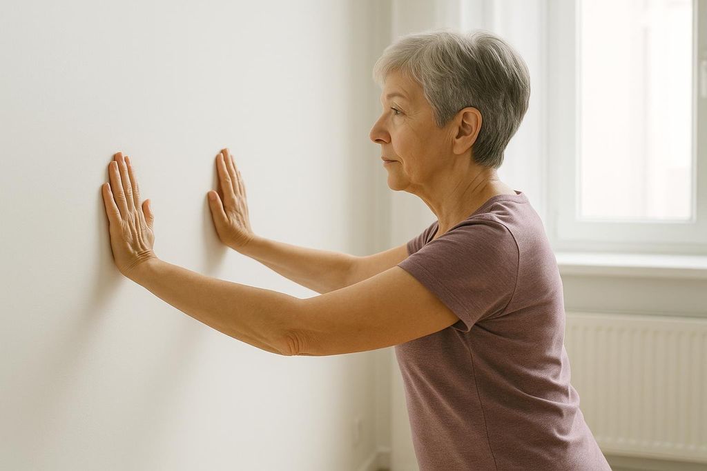 An older woman with short gray hair in a purple t-shirt performing a wall push-up, facing right, with her hands pressed against a light-colored wall. She is seen from the waist up.