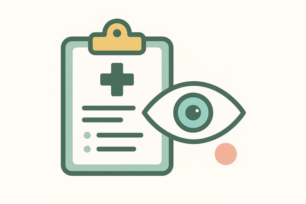 An illustration featuring a clipboard with a medical cross and lines, next to a large eye icon, symbolizing medical observation, health records, and safety.