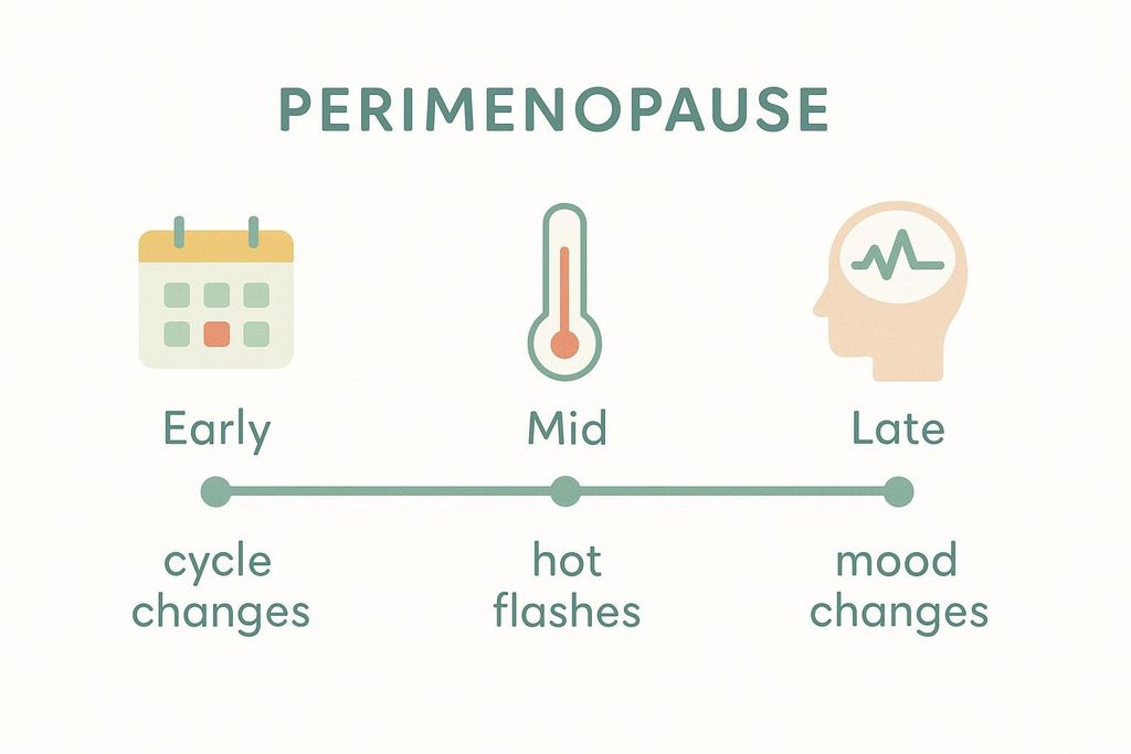 A timeline infographic titled "Perimenopause" showing three stages labeled Early, Mid, and Late. Under "Early" is a calendar icon with text "cycle changes." Under "Mid" is a thermometer icon with text "hot flashes." Under "Late" is a head profile with a brain wave icon and text "mood changes."