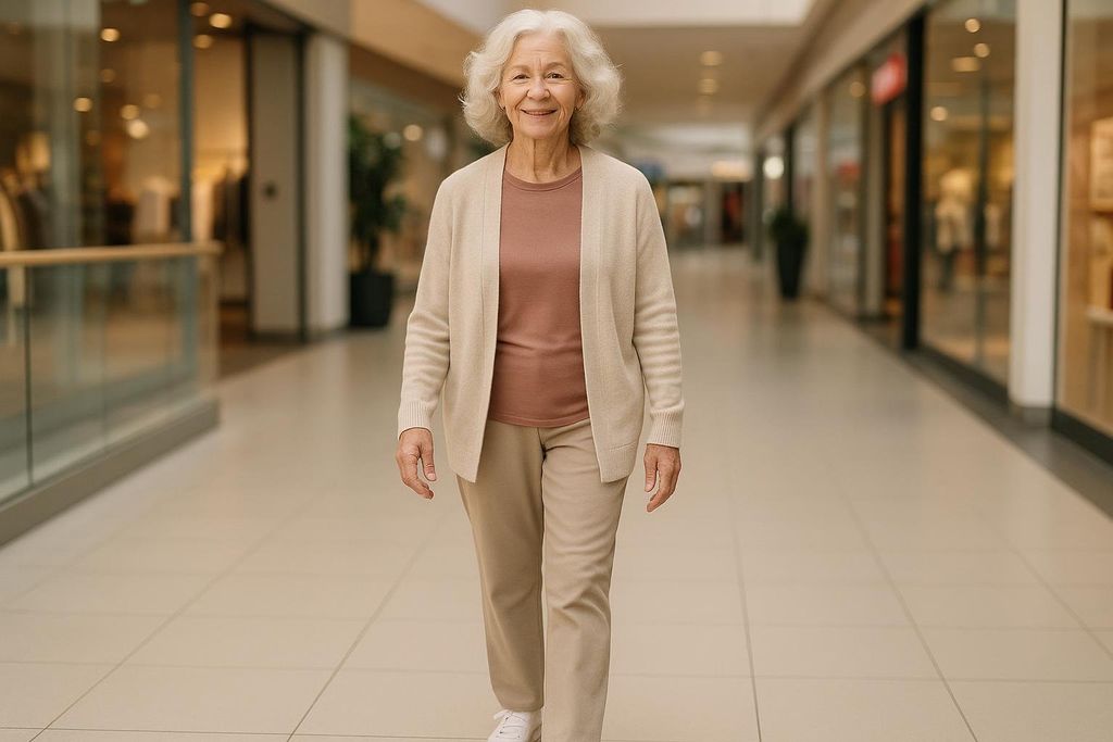 An older adult enjoys a safe and comfortable walk inside a well-lit indoor mall.