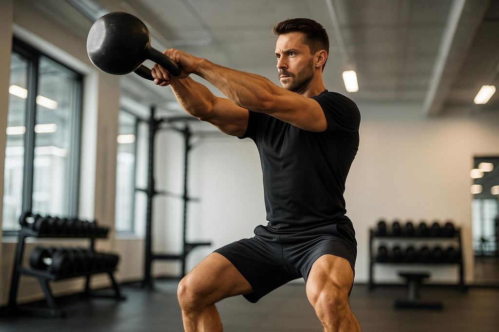 A man in a black t-shirt and shorts performs a powerful kettlebell swing in a modern gym, demonstrating resistance training.
