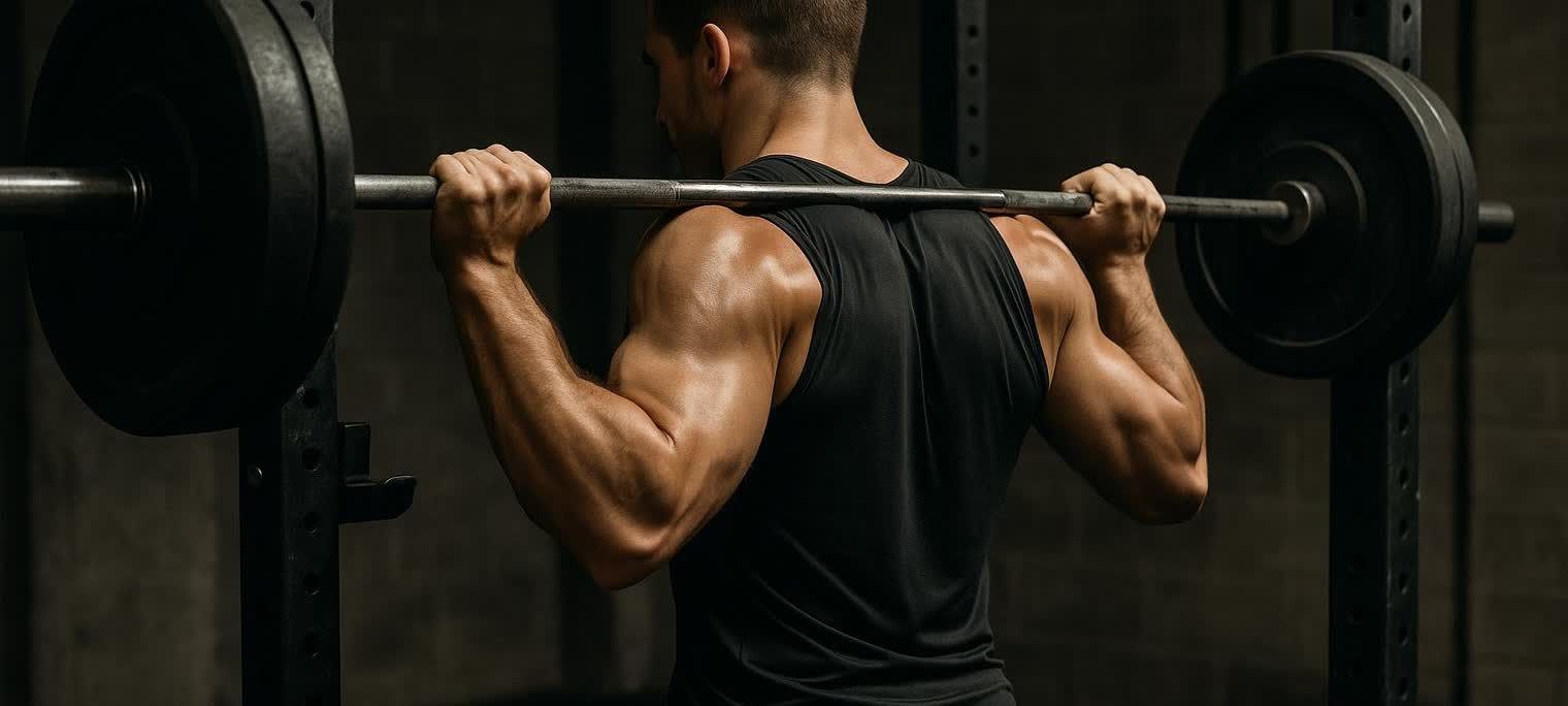 Athlete preparing for a barbell good morning exercise in a squat rack