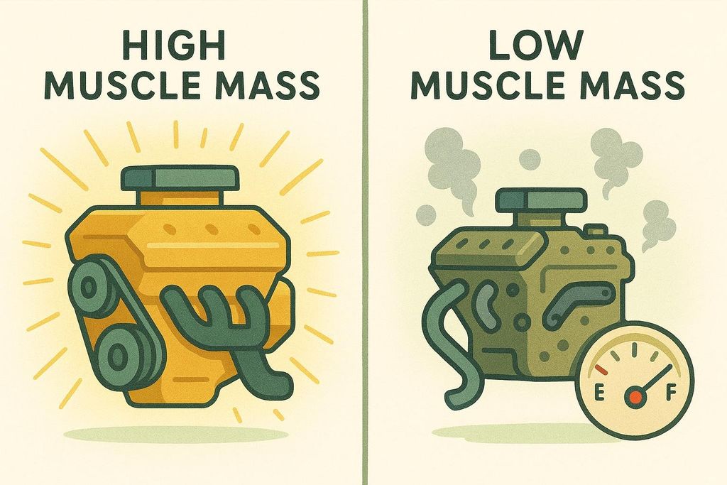 An illustration comparing a bright, golden engine radiating energy labeled 'HIGH MUSCLE MASS' with a dark, smoking engine and a low fuel gauge labeled 'LOW MUSCLE MASS', demonstrating the link between muscle mass and metabolic rate.