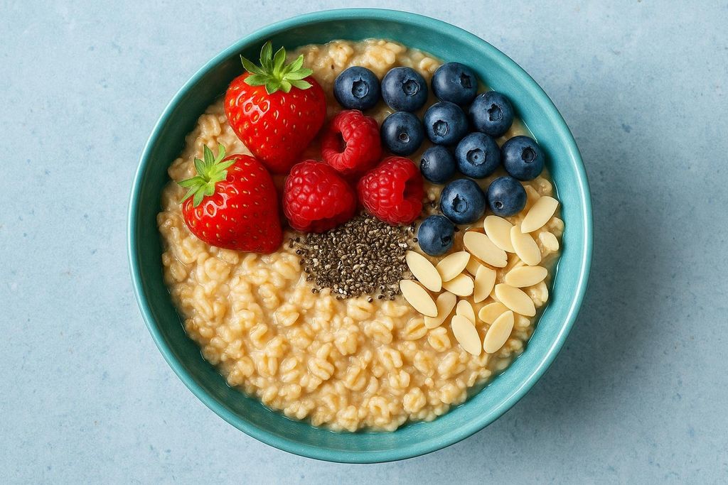 A vibrant cyan bowl of cooked oatmeal topped with fresh strawberries, raspberries, blueberries, chia seeds, and sliced almonds, presented against a light blue background.