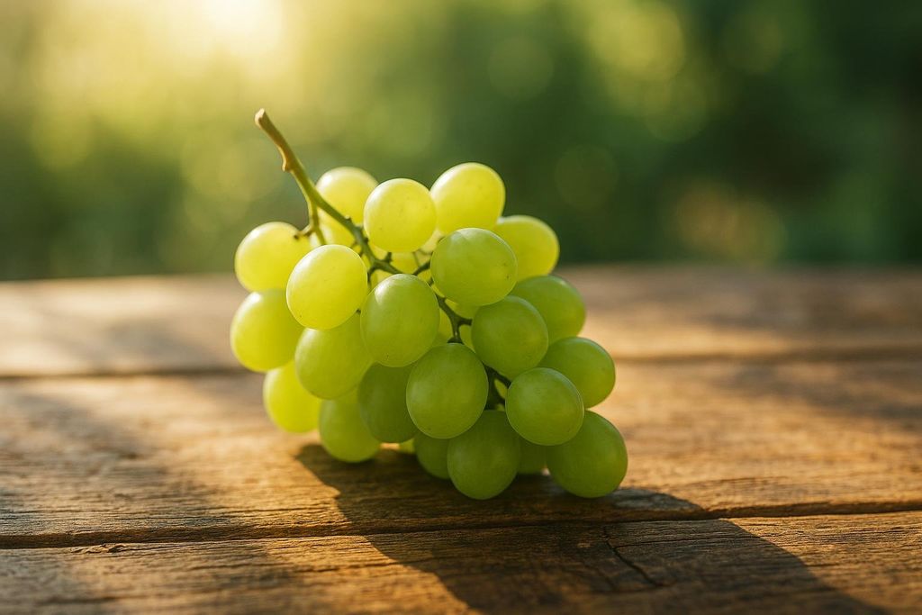 A close-up shot of a cluster of vibrant green grapes resting on a weathered wooden surface, with a soft, sunlit green background.