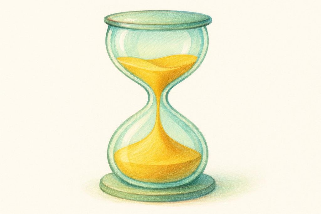 Stylized glass hourglass with teal glass and golden sand, representing the passage of time. The sand is actively flowing from the top bulb to the bottom bulb.