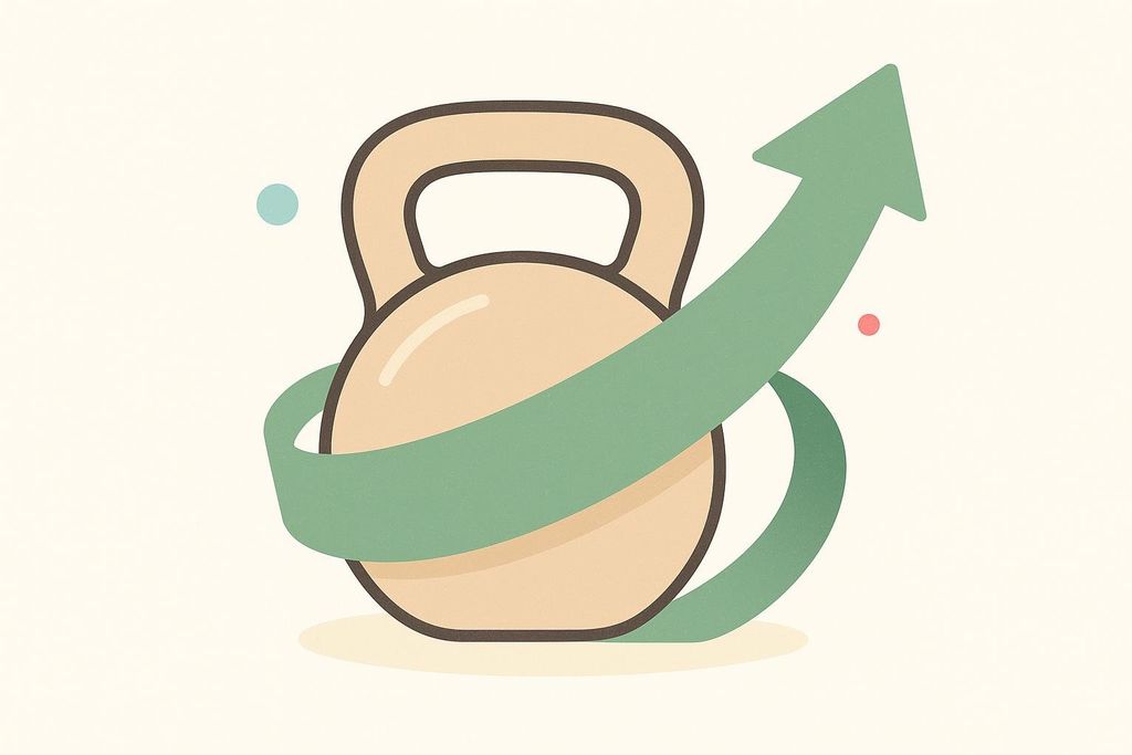 An illustration of a beige kettlebell with a green upward-pointing arrow wrapped around it, symbolizing progress or improvement in fitness or strength.