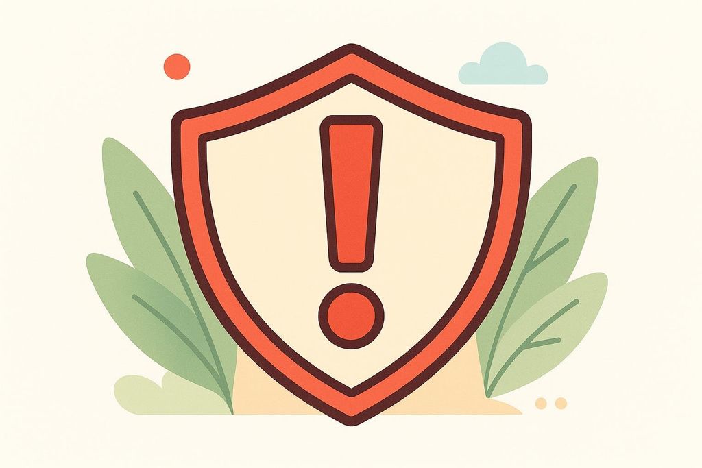 A stylized illustration featuring a red-orange shield with a large red exclamation mark inside, set against a light background with green leaves and small orange dots and a blue cloud in the background. It symbolizes a red alert or red-flag symptoms that require a call to a doctor.