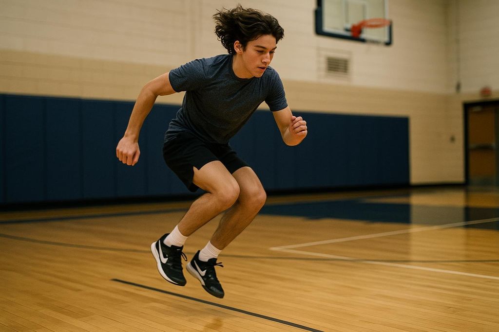 A young male athlete in a grey t-shirt and black shorts performs lateral line hops on a basketball court, with his feet off the ground and head focused forward. His hair is in motion, suggesting movement.