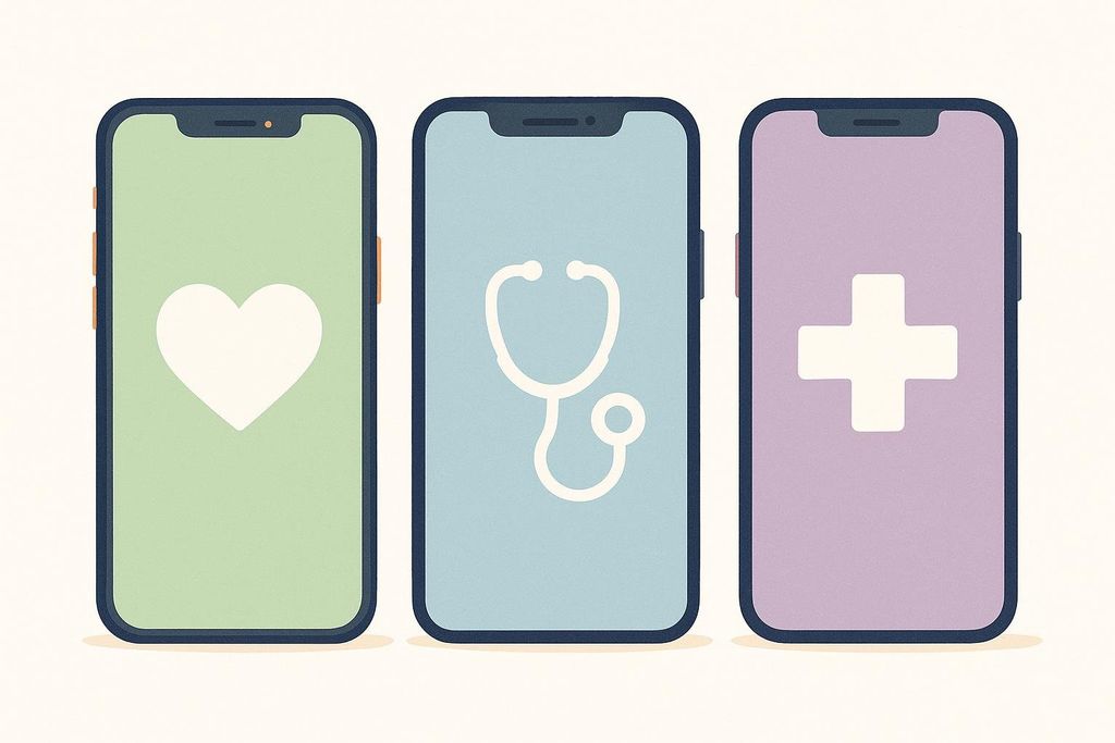 Three smartphones in a row, each with a different colored screen featuring a health-related icon: a green screen with a white heart, a light blue screen with a white stethoscope, and a lavender screen with a white medical cross. This image symbolizes choices in health and medical services or apps.