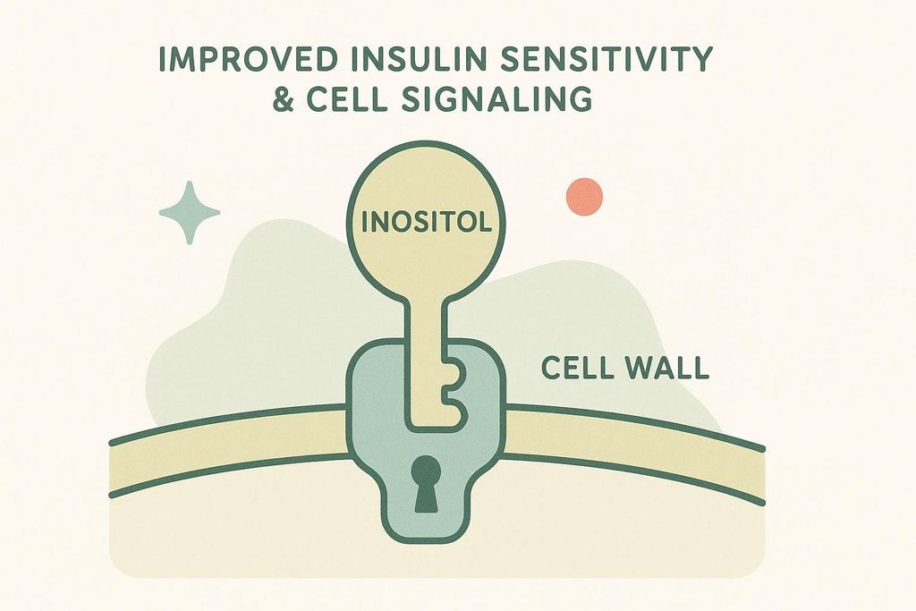 A diagram illustrating how inositol acts as a key to a cell wall lock, representing its role in improving insulin sensitivity and cell signaling. The text at the top reads 'Improved Insulin Sensitivity & Cell Signaling'.
