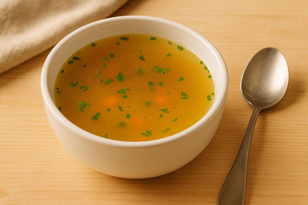 A white bowl containing golden vegetable broth, garnished with chopped parsley and small pieces of carrot, next to a silver spoon on a wooden table. A light-colored napkin is partially visible in the background.