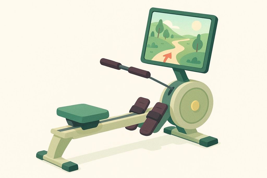 An illustration of an indoor rowing machine with an interactive screen displaying a natural trail with trees, hills, a sun, and an orange arrow indicating the path.