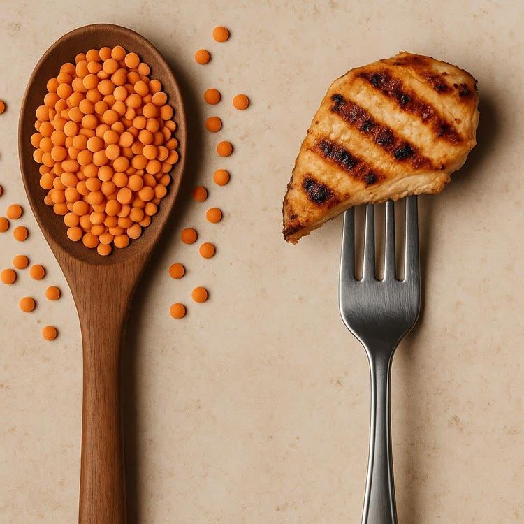 A wooden spoon filled with orange lentils sits next to a silver fork holding a grilled chicken breast, all on a speckled light background.
