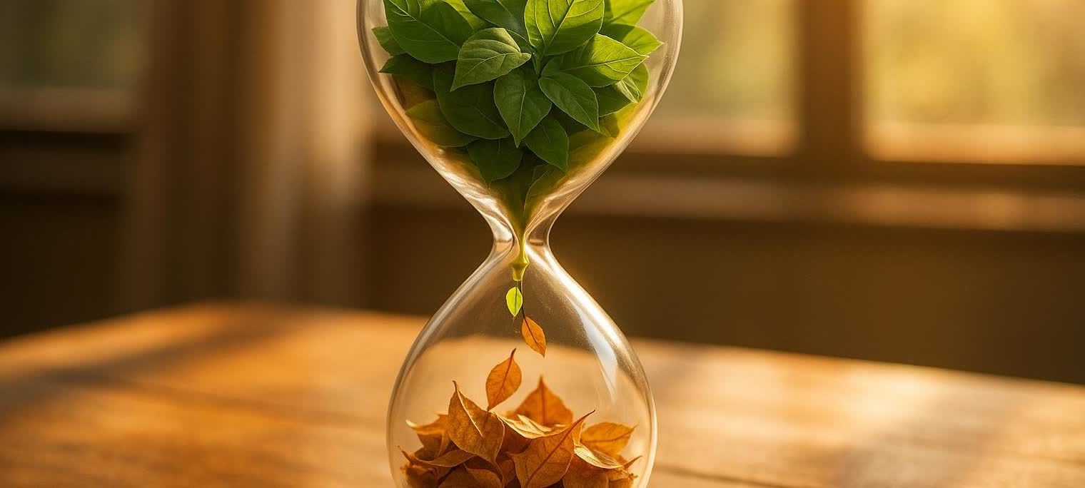 An hourglass with living green leaves in the top bulb, and dry brown leaves accumulating in the bottom bulb. A single green leaf falls through the narrow neck, symbolizing biological aging and the passage of time.