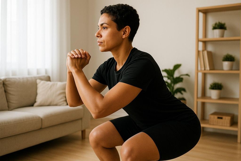 A woman performs a bodyweight squat with proper form in her living room.