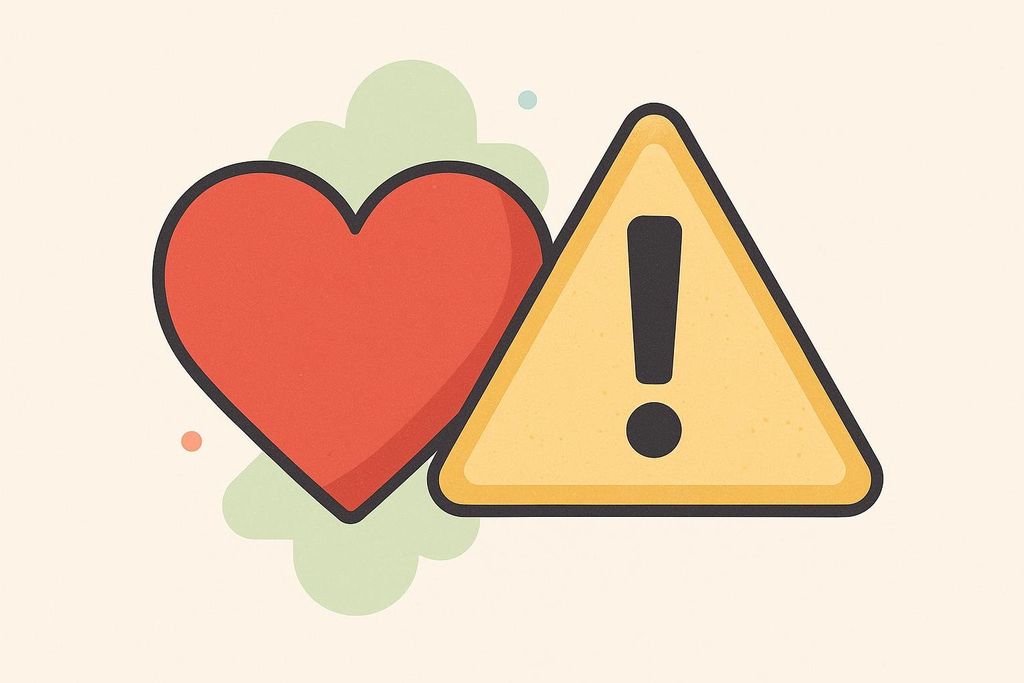 An illustration of a red heart icon next to a yellow triangular warning sign with an exclamation mark. The background is a pale beige with subtle colorful elements.