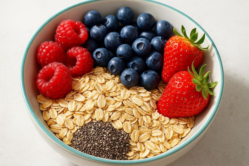Close-up aerial view of a bowl filled with dry rolled oats, fresh blueberries, red raspberries, and two strawberries, with a small pile of black chia seeds on the oats.