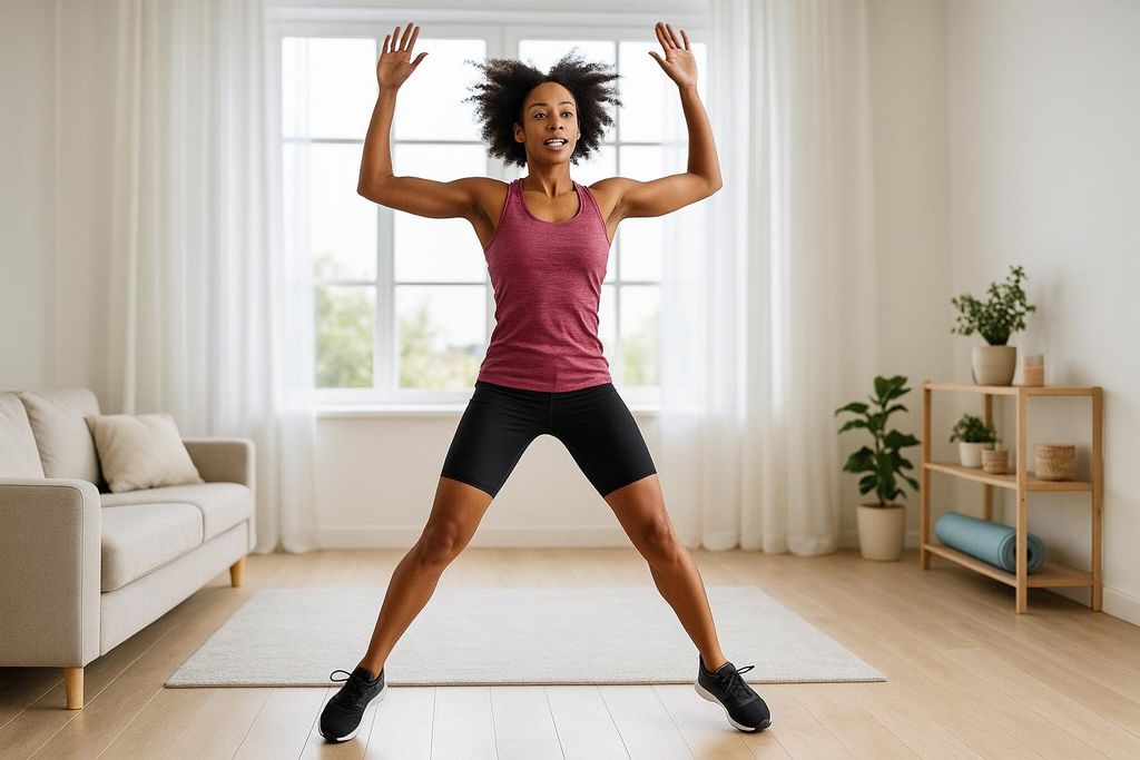 A woman with afro styled hair, wearing a maroon tank top and black shorts, does jumping jacks in a modern living room as part of a fitness challenge warm-up. Her arms are raised above her head and her legs are spread wide.