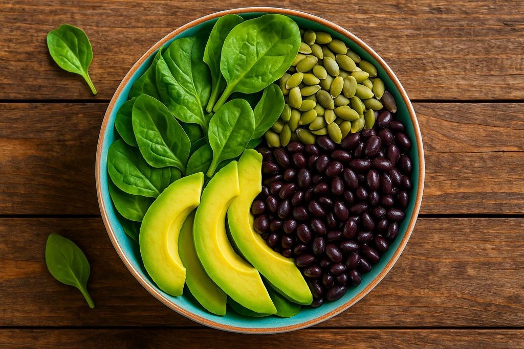 An overhead shot of a blue bowl filled with magnesium-rich foods. The bowl contains fresh spinach leaves, sliced avocado, black beans, and green pumpkin seeds, all arranged on a wooden table.