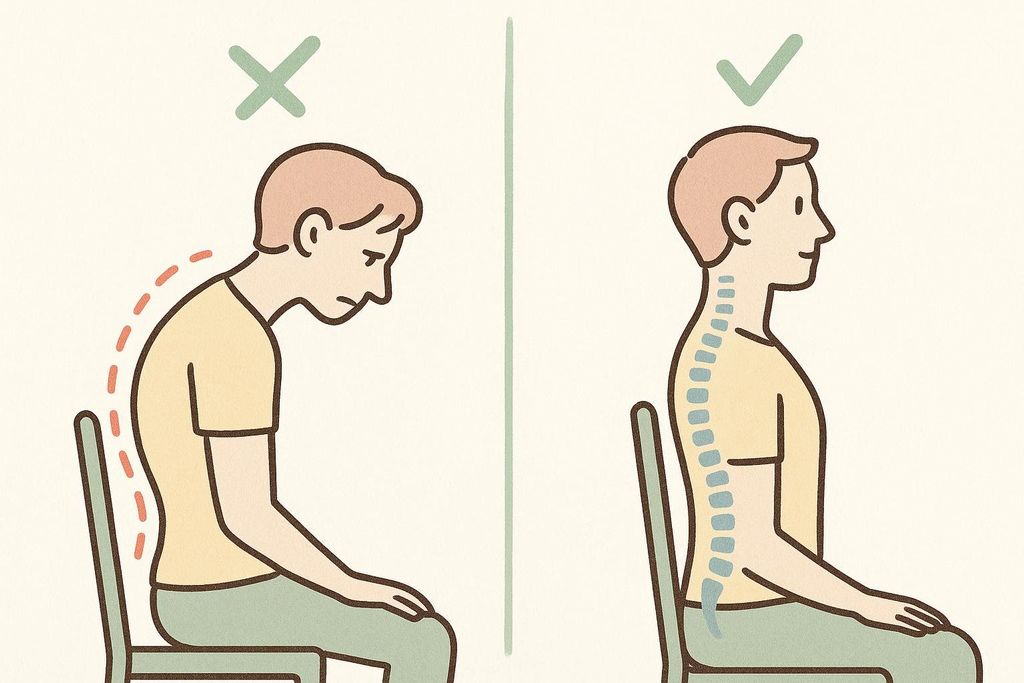 An illustration comparing poor and good sitting posture. On the left, a person hunches forward with a curved back, marked by a red 'X'. On the right, the same person sits upright with a straight spine, marked by a green checkmark.