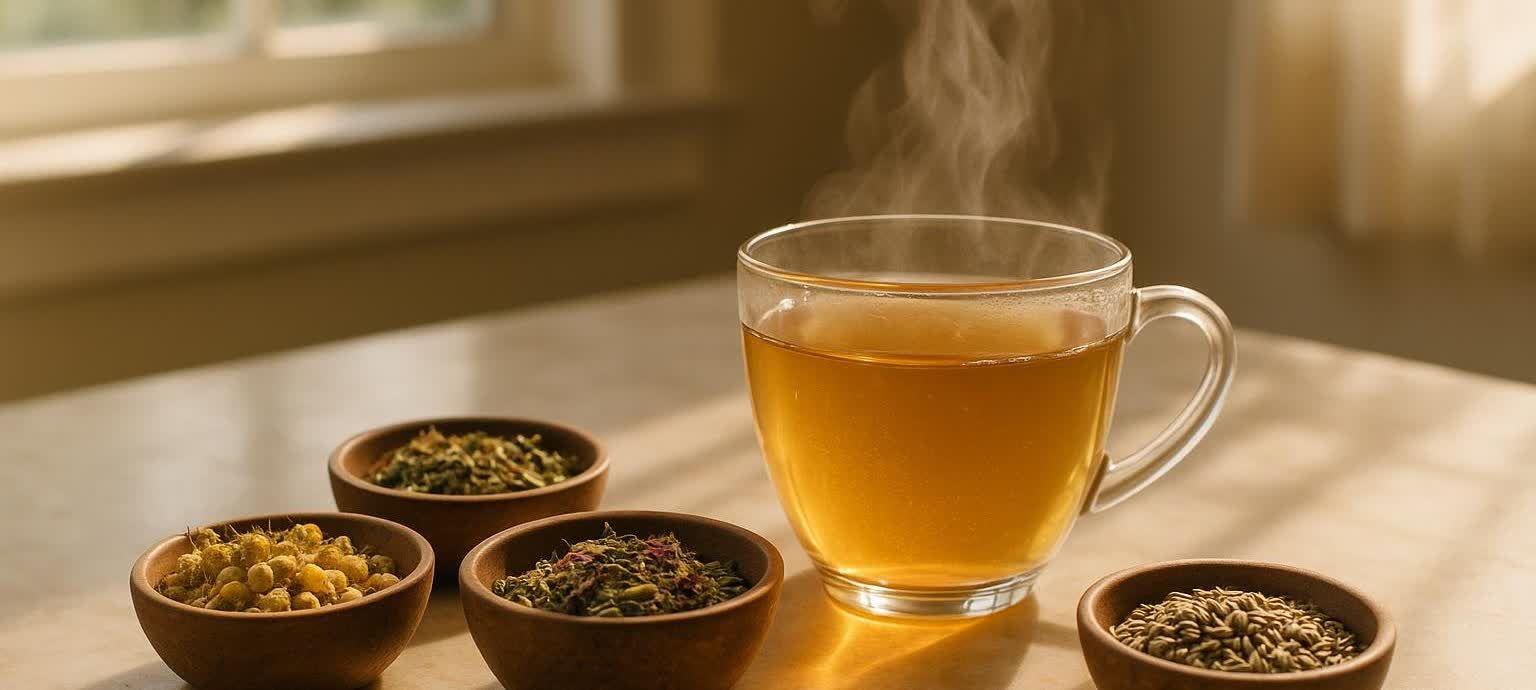 A clear glass mug of steaming herbal tea sits amidst four small wooden bowls filled with various dried herbs (chamomile, green tea, and seeds), all bathed in warm morning sunlight coming from a window in the blurred background.