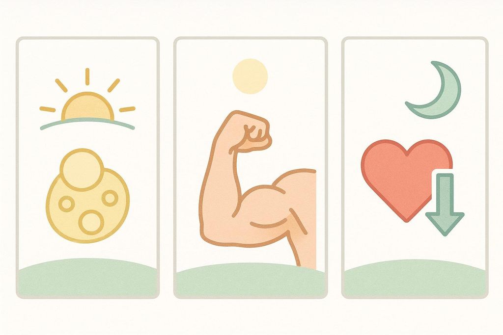 Three icons representing fitness goals for different times of day: a sun rising over a body shape for morning fat loss, a biceps arm for midday strength training, and a heart with a downward arrow under a moon for evening lower blood pressure and improved heart health.