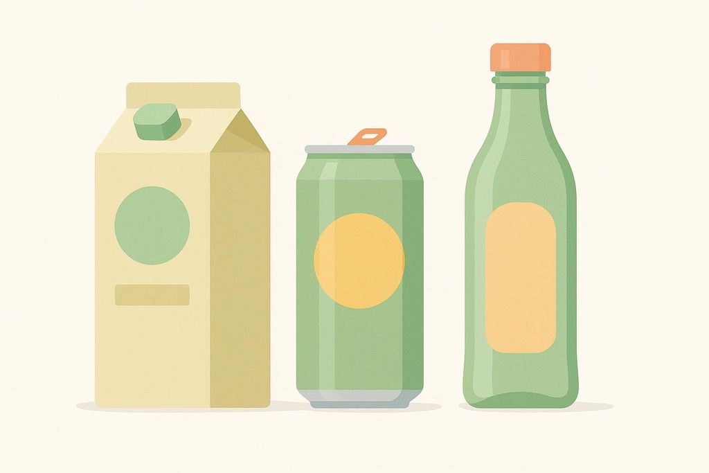 An illustration of three different types of drink containers: a light yellow carton with a green cap, a green can with a pull tab, and a green bottle with an orange cap. Each container has a colored circle or rectangle label area on its front.