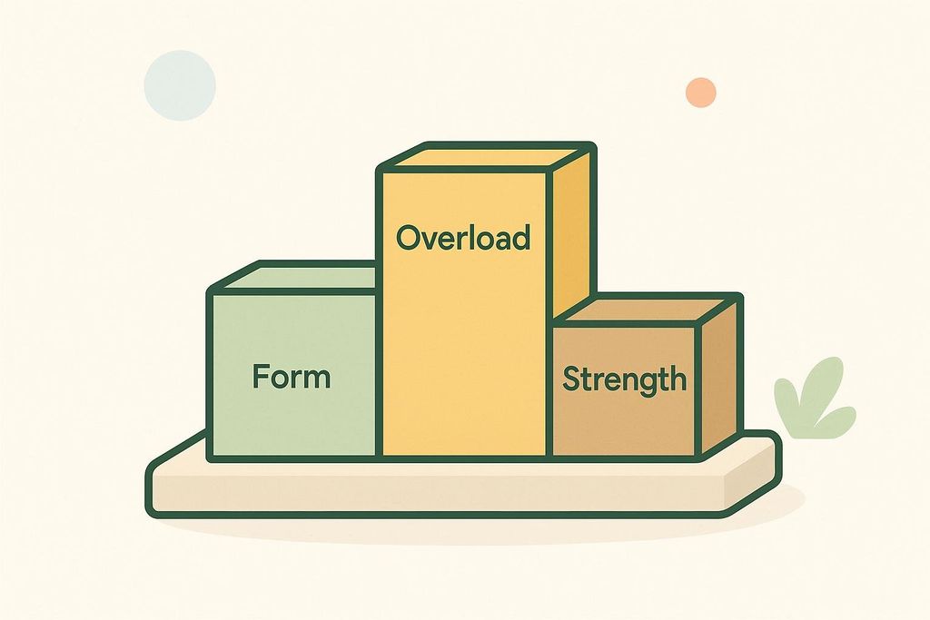 An illustration of a three-tiered podium representing programming tracks. The lowest tier, light green, is labeled 'Form'. The middle tier, light brown, is labeled 'Strength'. The highest tier, yellow, is labeled 'Overload'.