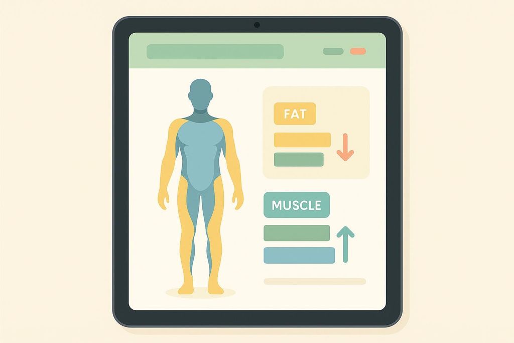 A stylized graphic of a body composition report on a tablet screen, showing a human silhouette with fat and muscle distribution highlighted, accompanied by bars indicating a decrease in fat and an increase in muscle.