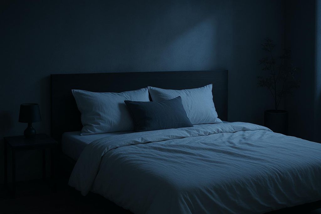 A dark, peaceful bedroom featuring a made bed with white pillows and duvet, a dark accent pillow, a bedside table with a lamp, and a potted plant in the corner. The room is dimly lit, suggesting nighttime or a cozy atmosphere.