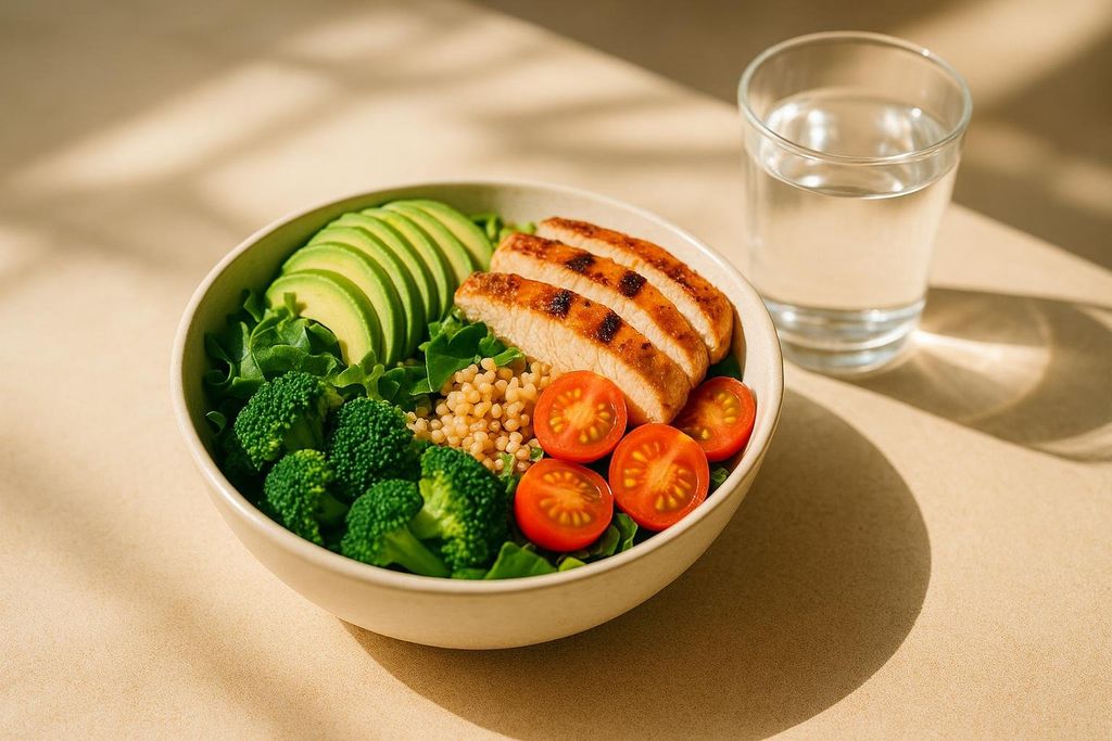 A close-up shot of a healthy meal bowl with grilled chicken slices, avocado, broccoli, couscous, and cherry tomatoes, served alongside a glass of water, with sunlit shadows on a light brown surface.