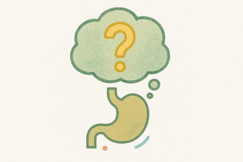 An icon of a human stomach with a thought bubble above it containing a question mark, symbolizing a health self-check or inquiry about stomach health.