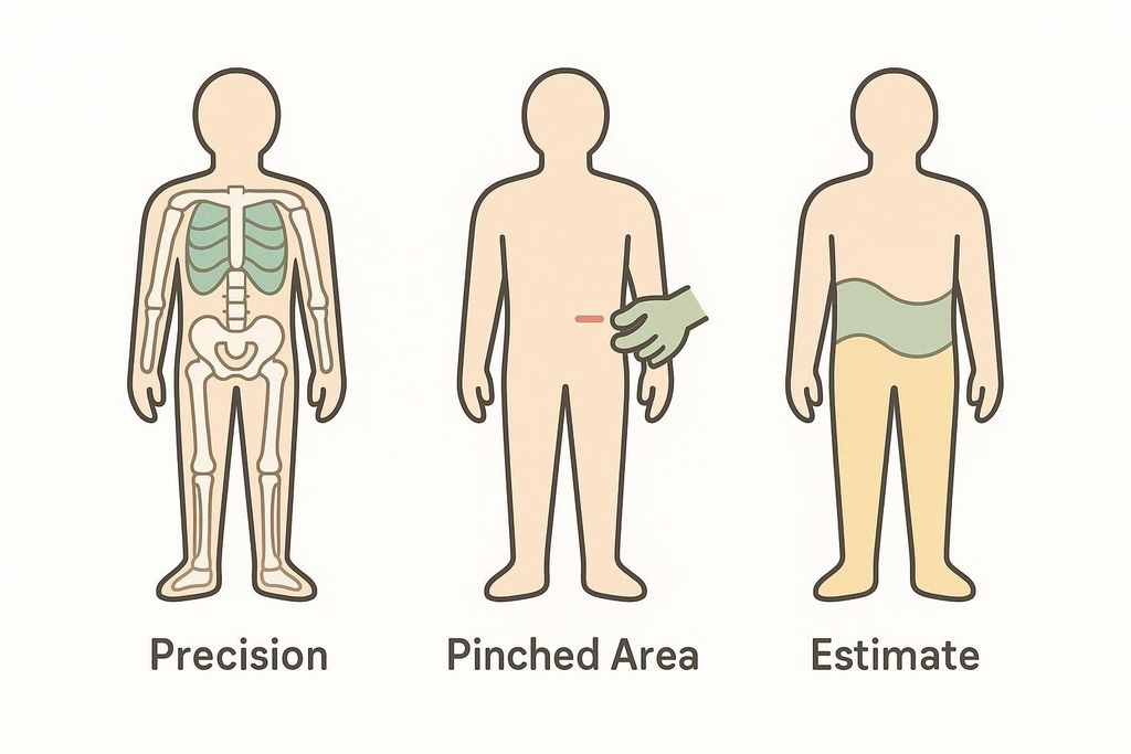 A diagram comparing three concepts of measurement precision. The first figure, labeled 'Precision,' shows the internal organs and skeletal structure within a body outline. The second figure, labeled 'Pinched Area,' shows a hand pinching a small section of skin on a body outline. The third figure, labeled 'Estimate,' shows an approximate shaded area around the midsection of a body outline.