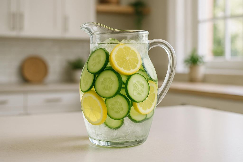 A clear glass pitcher filled with water, ice, sliced cucumbers, and sliced lemons. The pitcher is on a light-colored countertop in a bright kitchen.