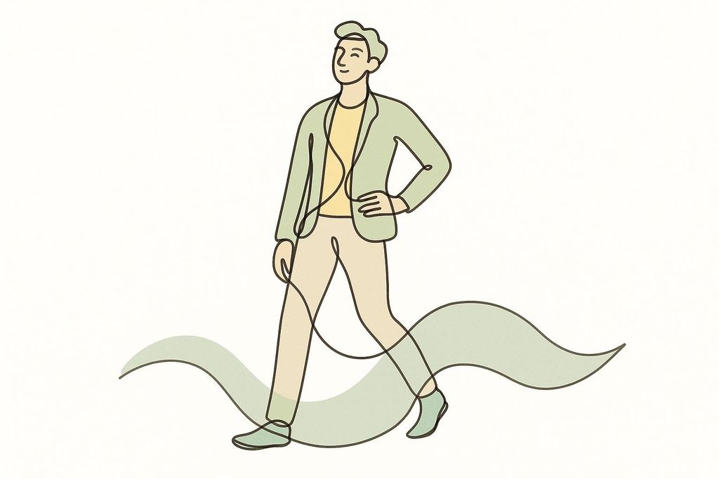 One line art drawing of a man walking, wearing a blazer and pants. He faces forward with a slight smile as wavy green shapes follow his feet.