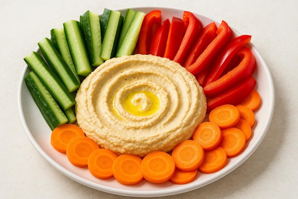 A white plate of hummus drizzled with olive oil, surrounded by neatly arranged rows of sliced cucumber sticks, red bell pepper strips, and circular carrot slices, all ready for dipping.