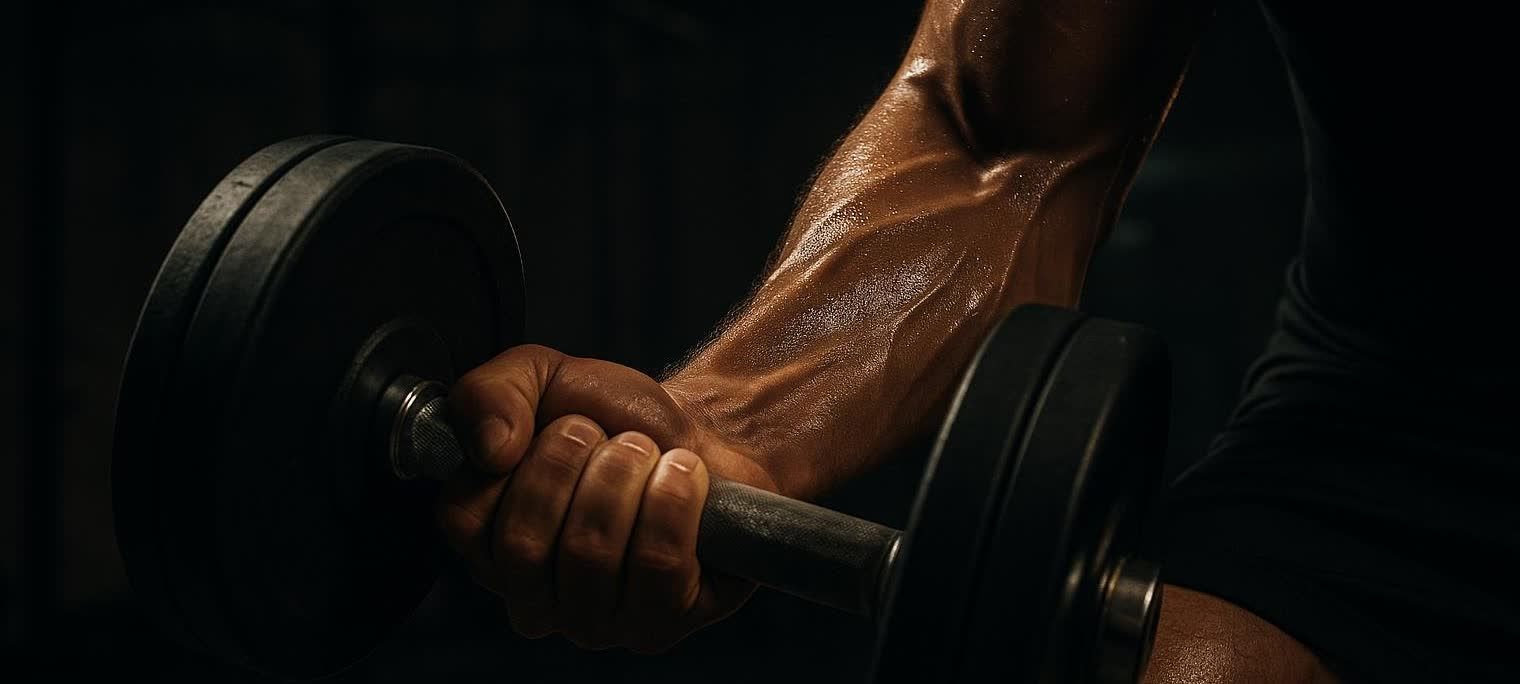 Close-up of a muscular arm performing a slow dumbbell exercise in a dark gym, highlighting the sweat and definition of the bicep and forearm.