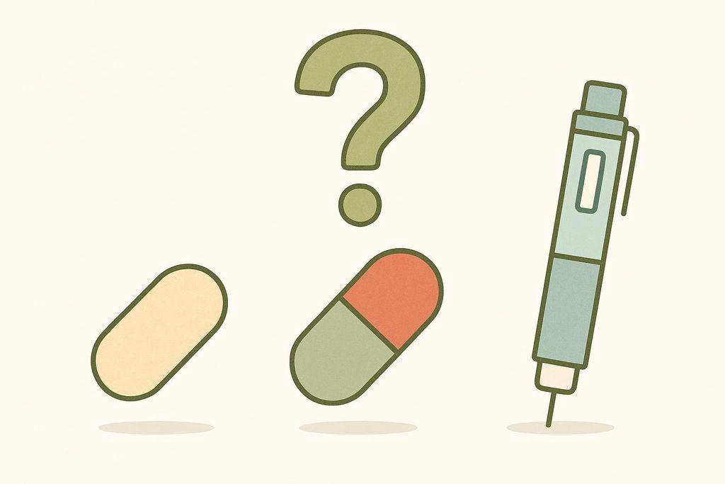 Icons representing three types of weight loss medications: a single light-colored pill, a bicolored pill (green and orange), and an injectible pen, with a question mark above the pills.