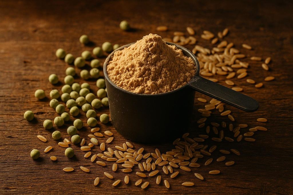 A full scoop of light brown plant protein powder sits on a wooden table, surrounded by scattered green peas and brown rice grains. The lighting is dark and moody.