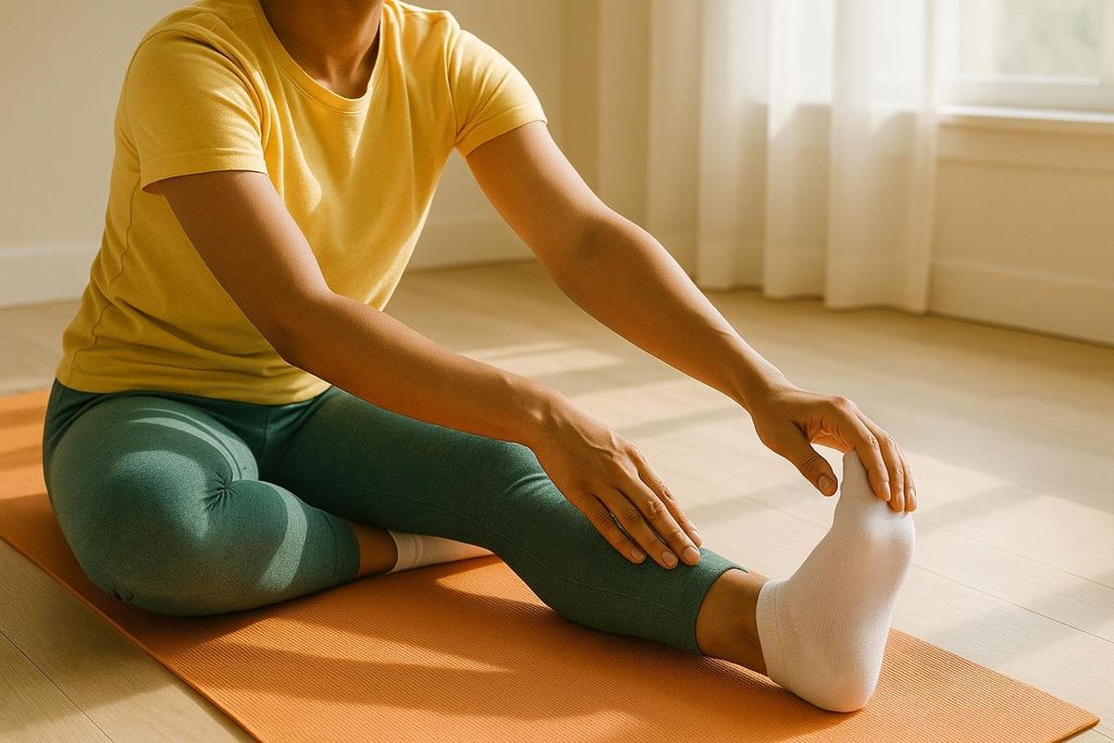 A person in a yellow t-shirt and green leggings sits on an orange yoga mat, stretching their leg with one hand touching their shin and the other holding their foot. Sunlight streams in from a window in the background.